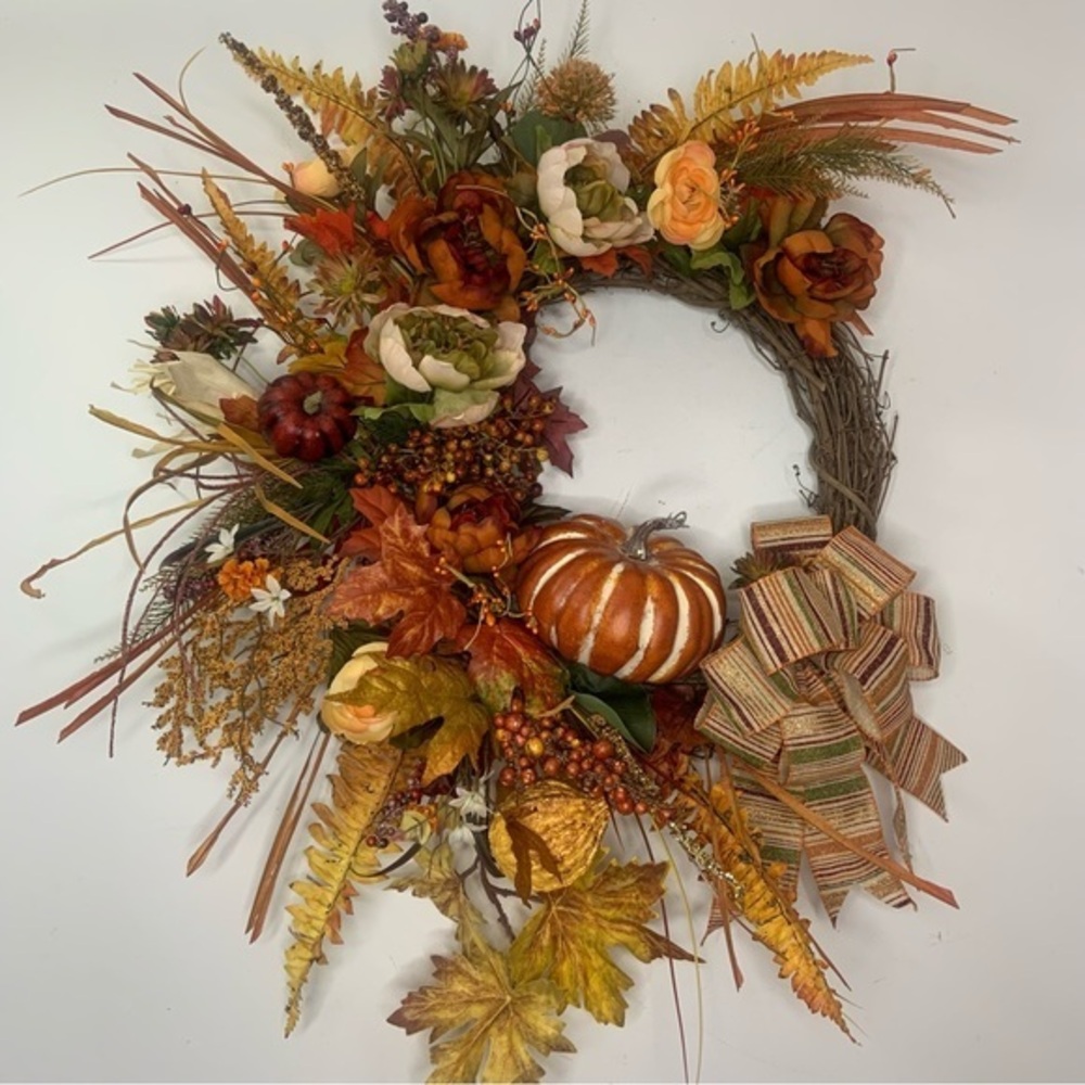 New Fall Contemporary Burgundy Floral Pumpkin Peony Door Wall Autumn Wreath